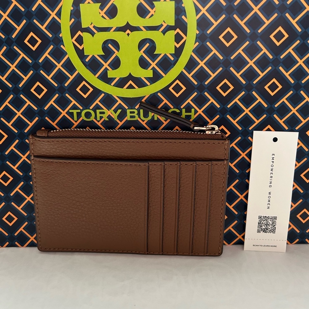 Tory Burch Britten Zip Card Case Card Wallet Moose Gold Tan Brown - Picture 2 of 7
